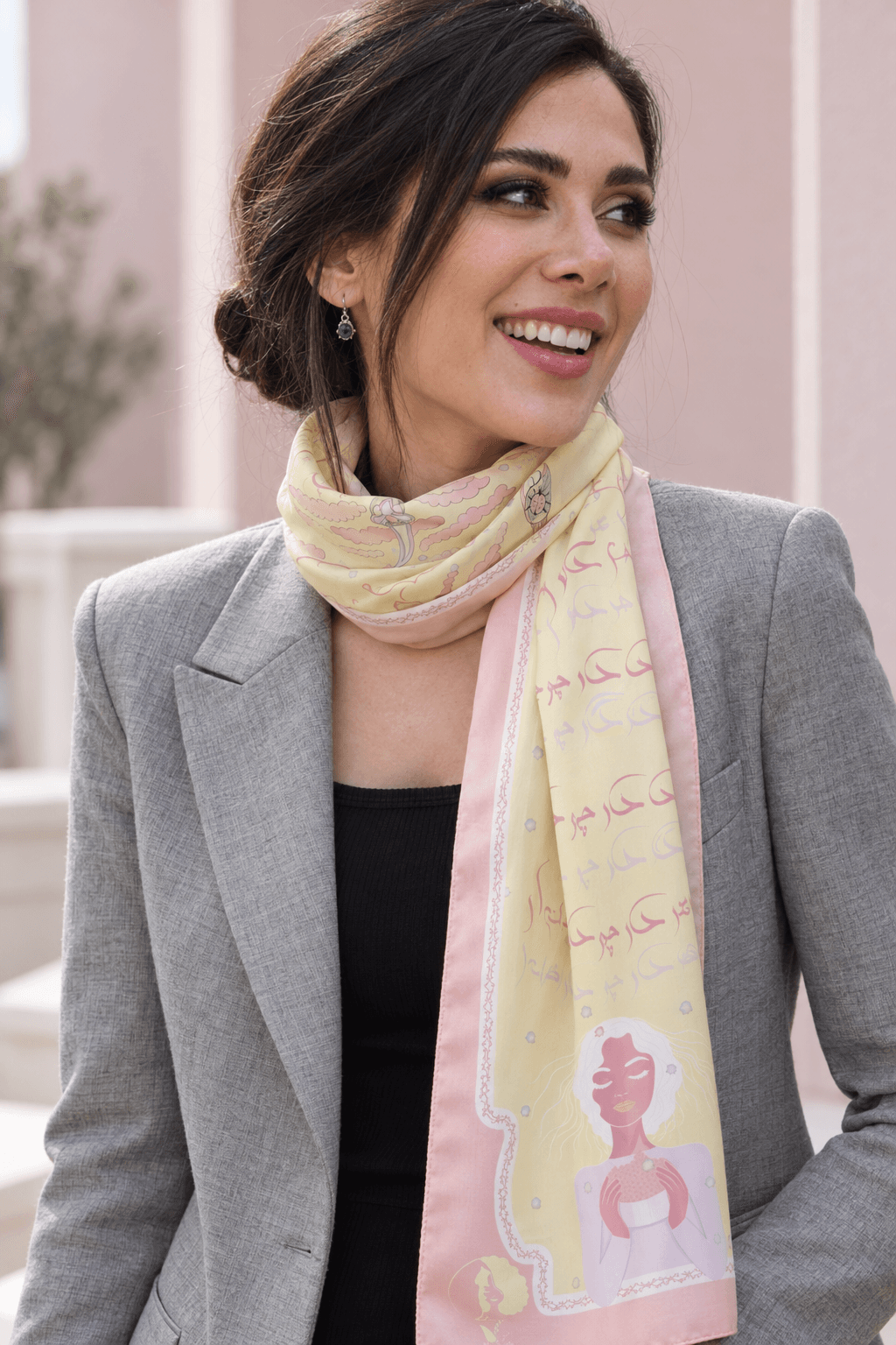 AI styling portrait of Elnaz wearing the calligraphy-02 scarf design