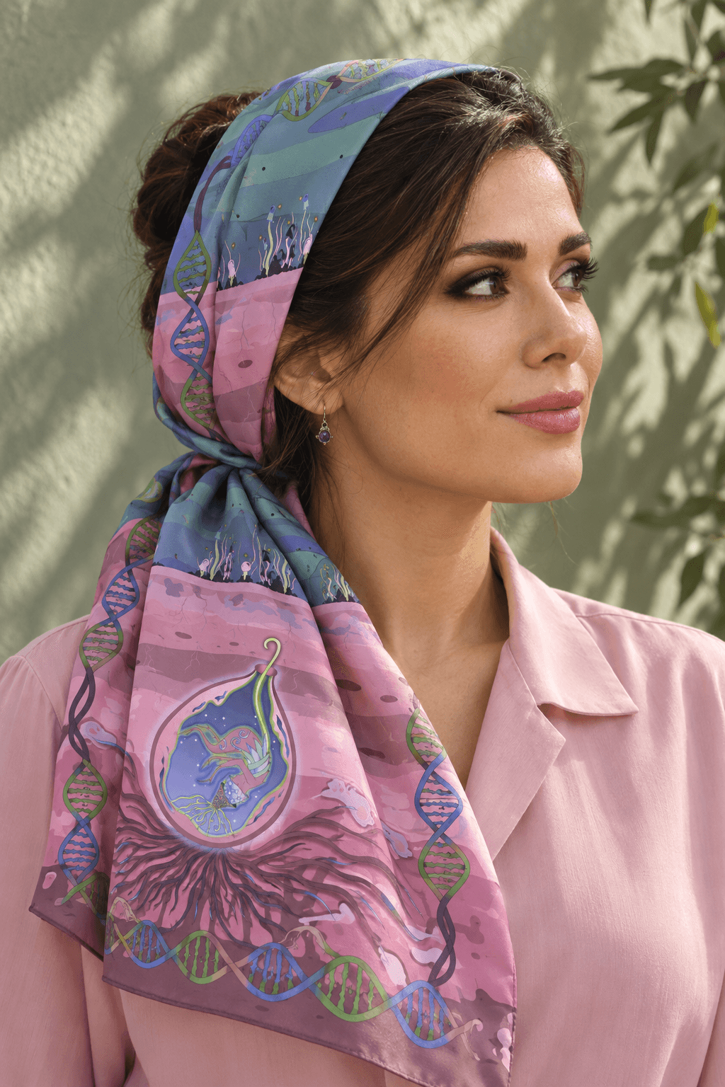 AI styling portrait of Elnaz wearing the earth-02 scarf design