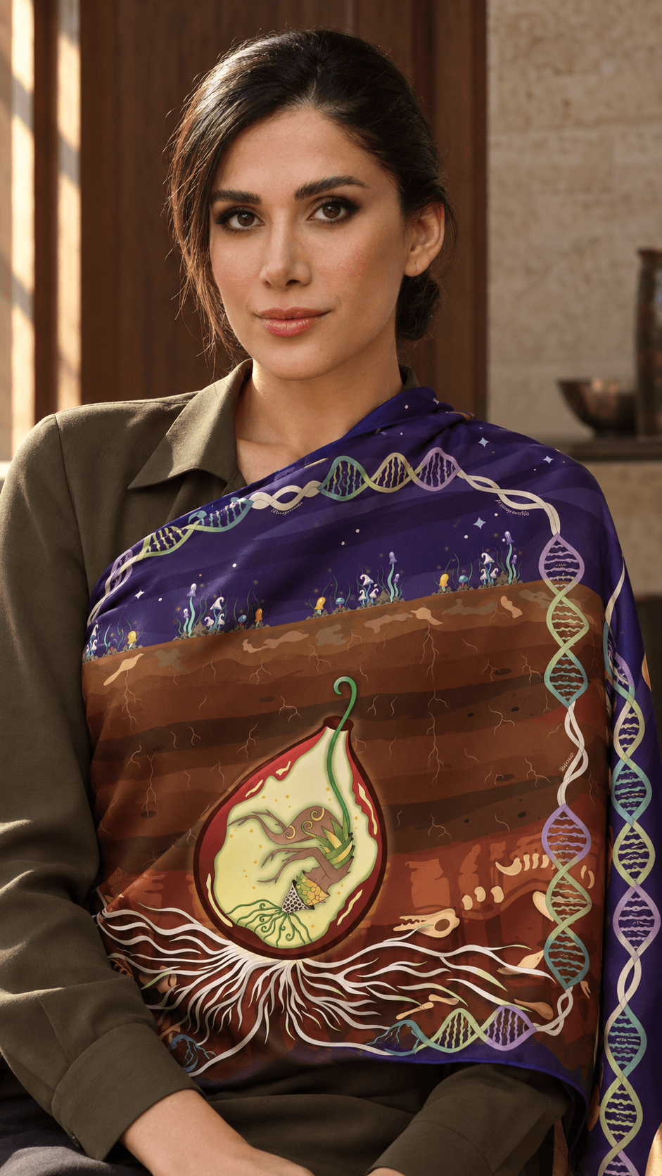 AI styling portrait of Elnaz wearing the earth-03 scarf design