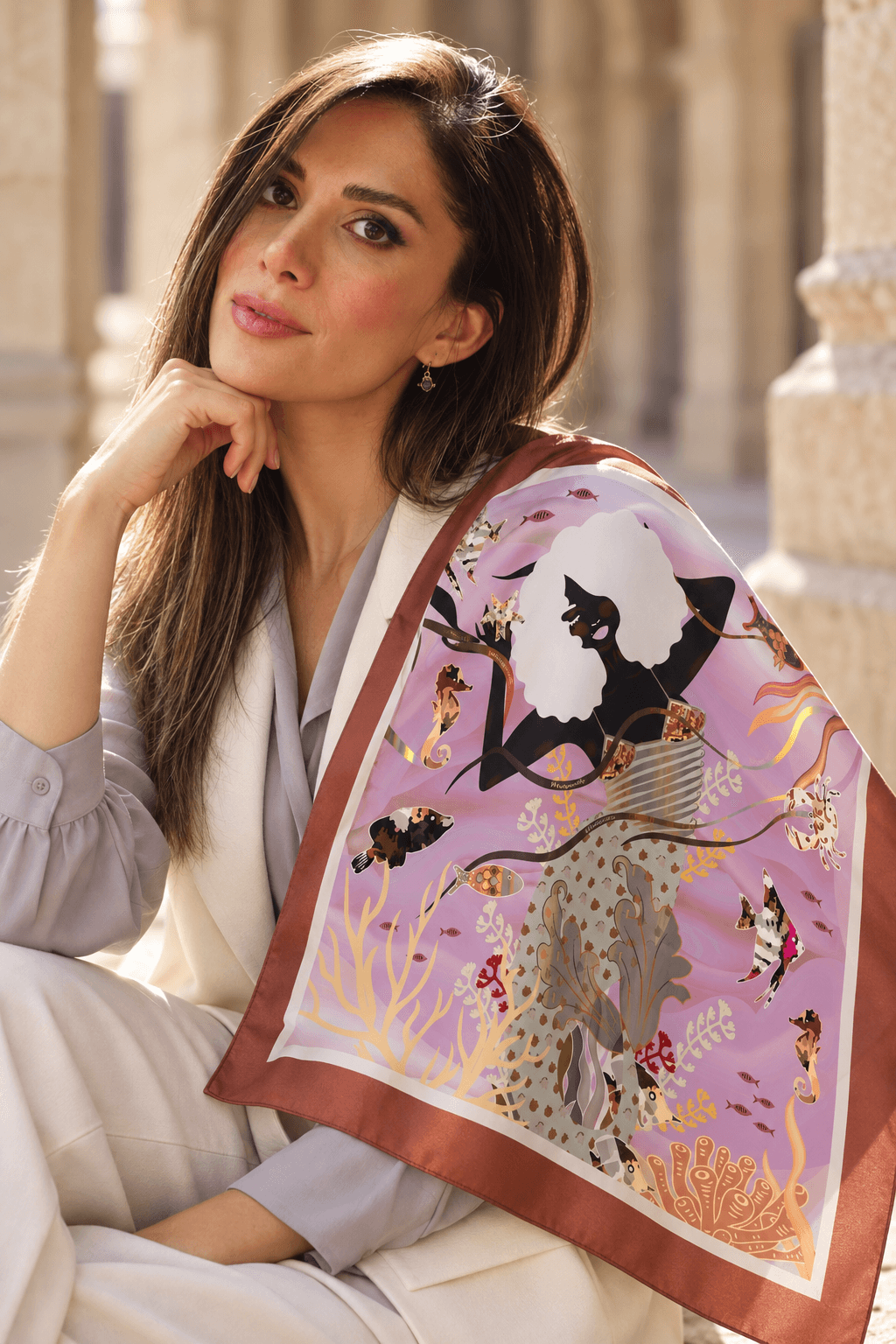 AI styling portrait of Elnaz wearing the water-02 scarf design