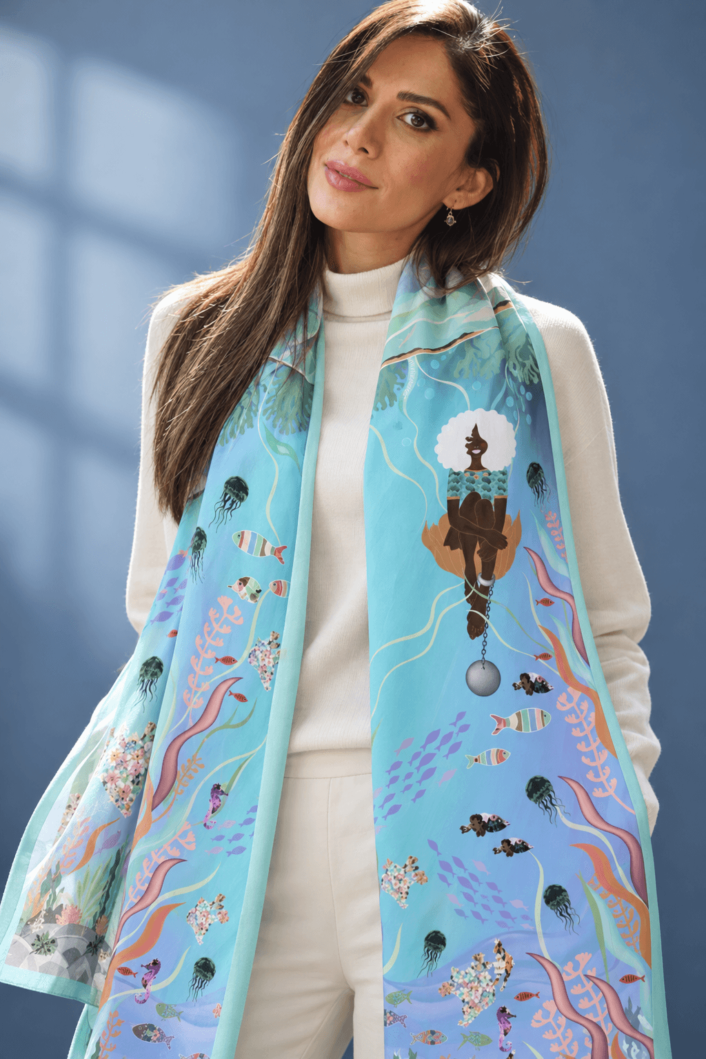 AI styling portrait of Elnaz wearing the water-04 scarf design