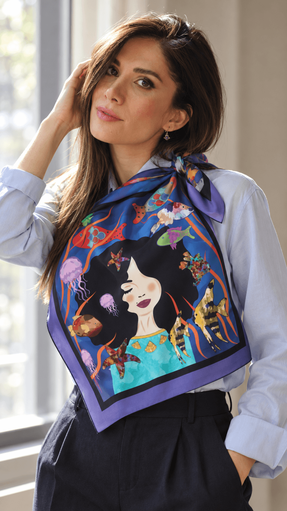AI styling portrait of Elnaz wearing the water-09 scarf design