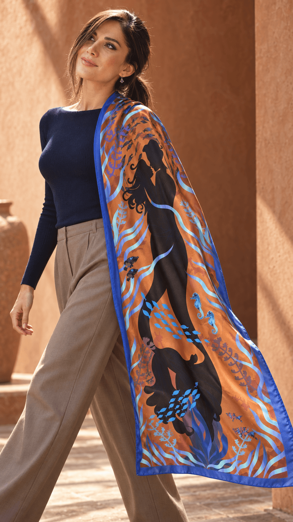 AI styling portrait of Elnaz wearing the water-11 scarf design