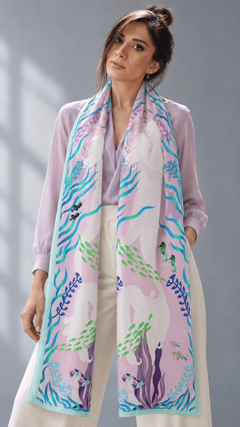AI styling portrait of Elnaz wearing the water-12 scarf design