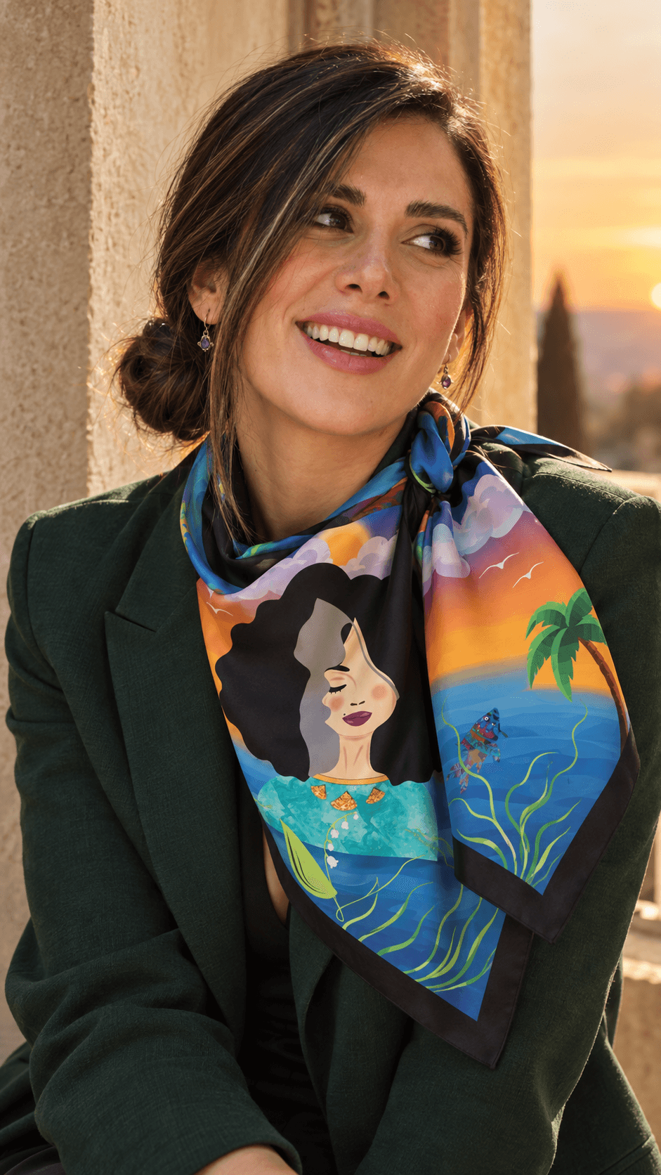 AI styling portrait of Elnaz wearing the water-16 scarf design