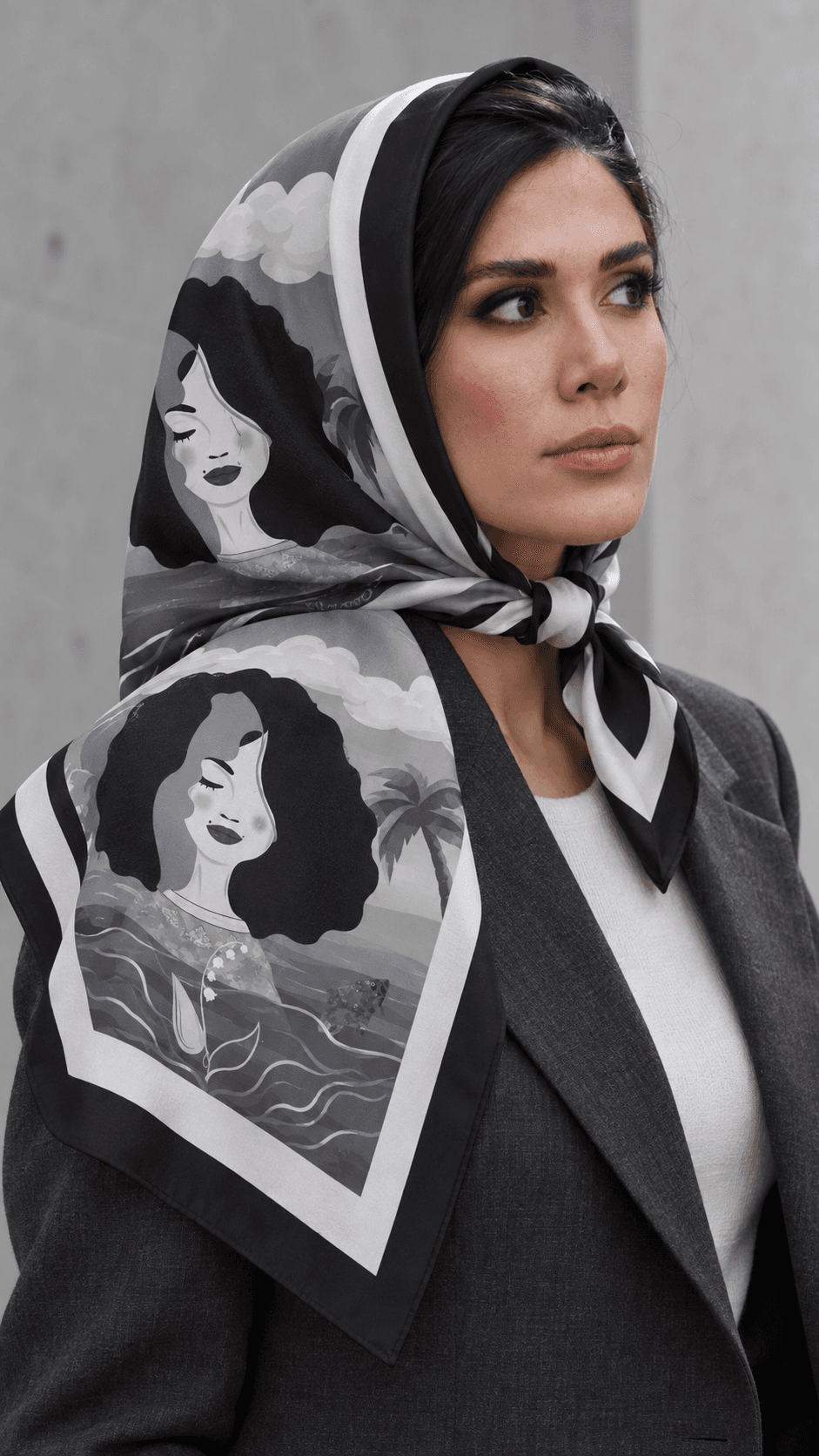 AI styling portrait of Elnaz wearing the water-17 scarf design