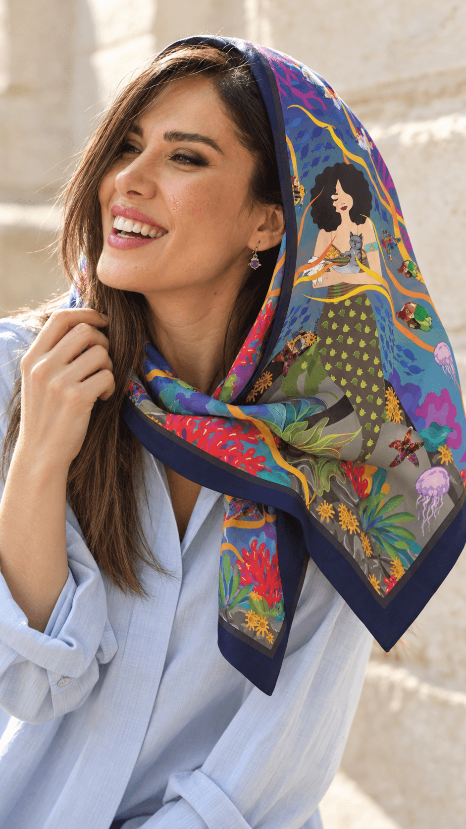 AI styling portrait of Elnaz wearing the water-18 scarf design
