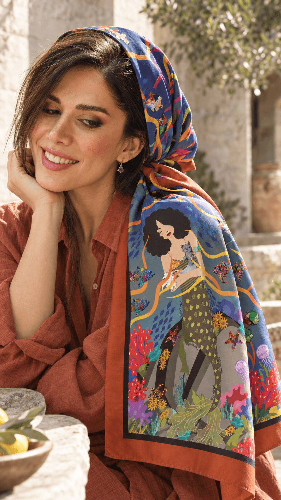 AI styling portrait of Elnaz wearing the water-21 scarf design