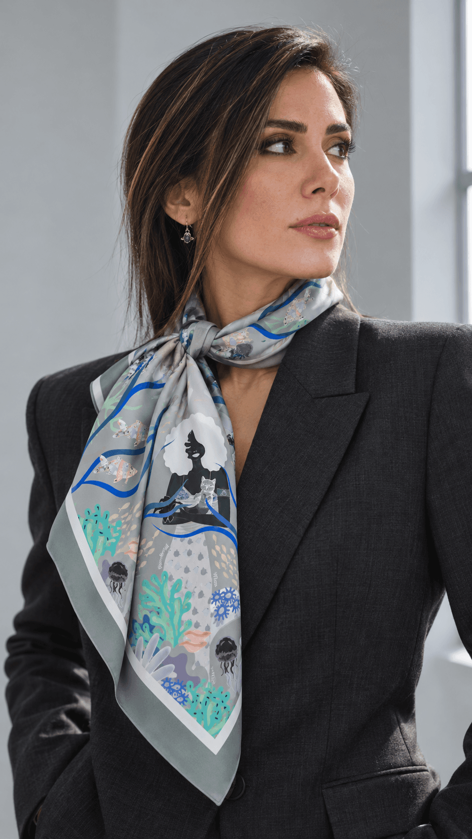 AI styling portrait of Elnaz wearing the water-22 scarf design