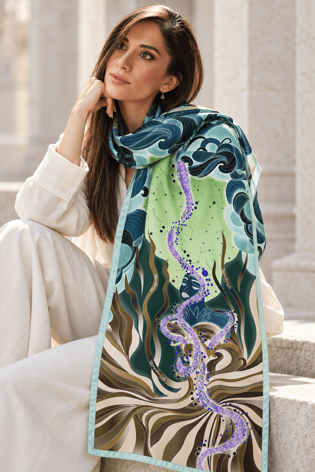 AI styling portrait of Elnaz wearing the wind-01 scarf design
