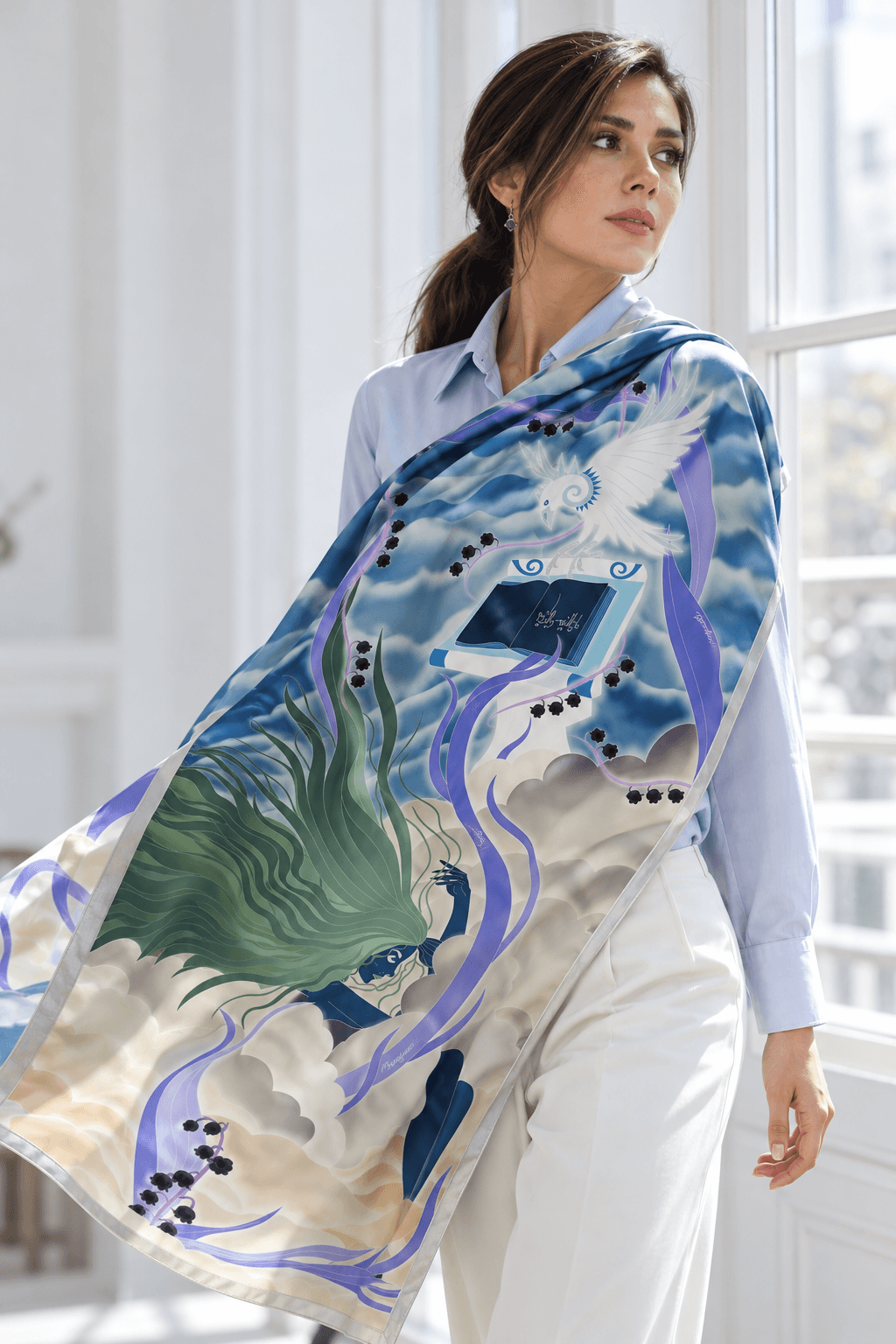 AI styling portrait of Elnaz wearing the wind-07 scarf design