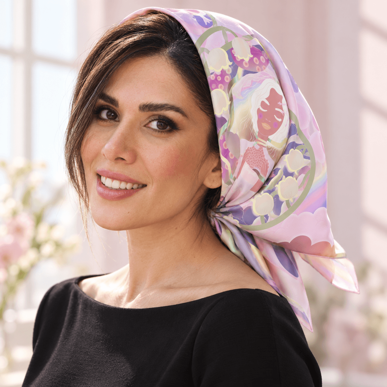 AI styling portrait of Elnaz wearing the wind-16 scarf design
