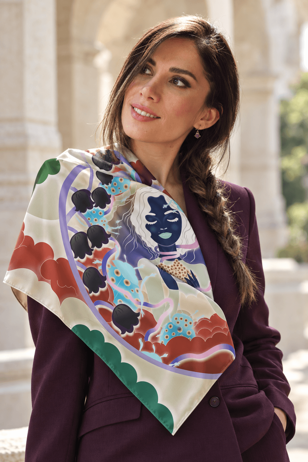 AI styling portrait of Elnaz wearing the wind-18 scarf design
