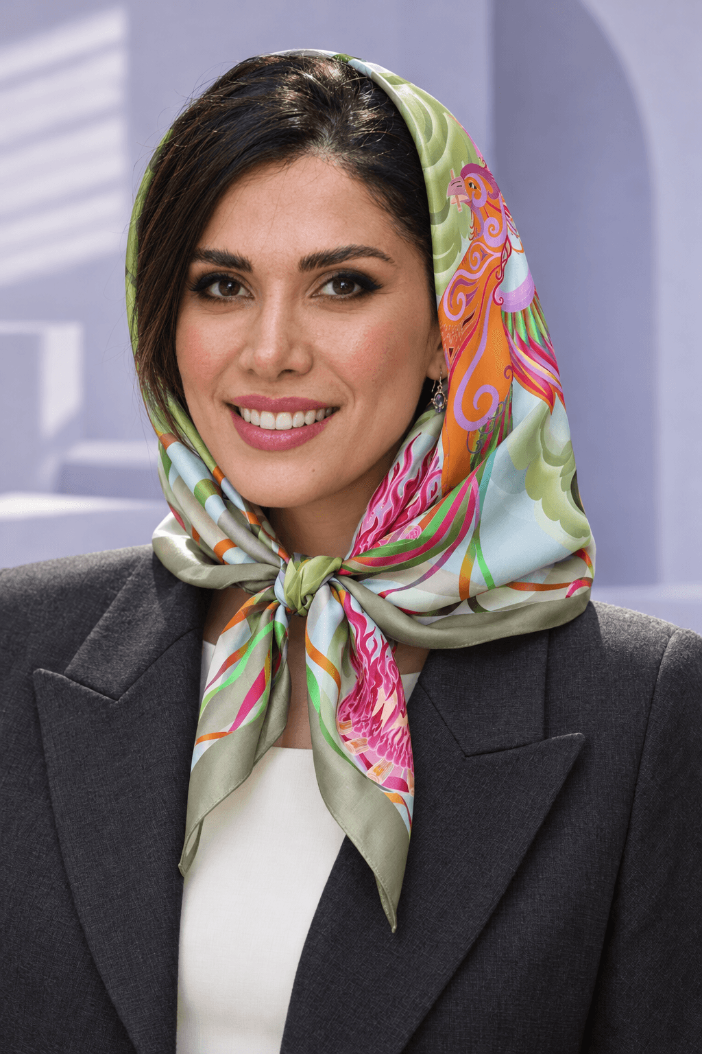 AI styling portrait of Elnaz wearing the fire-02 scarf design