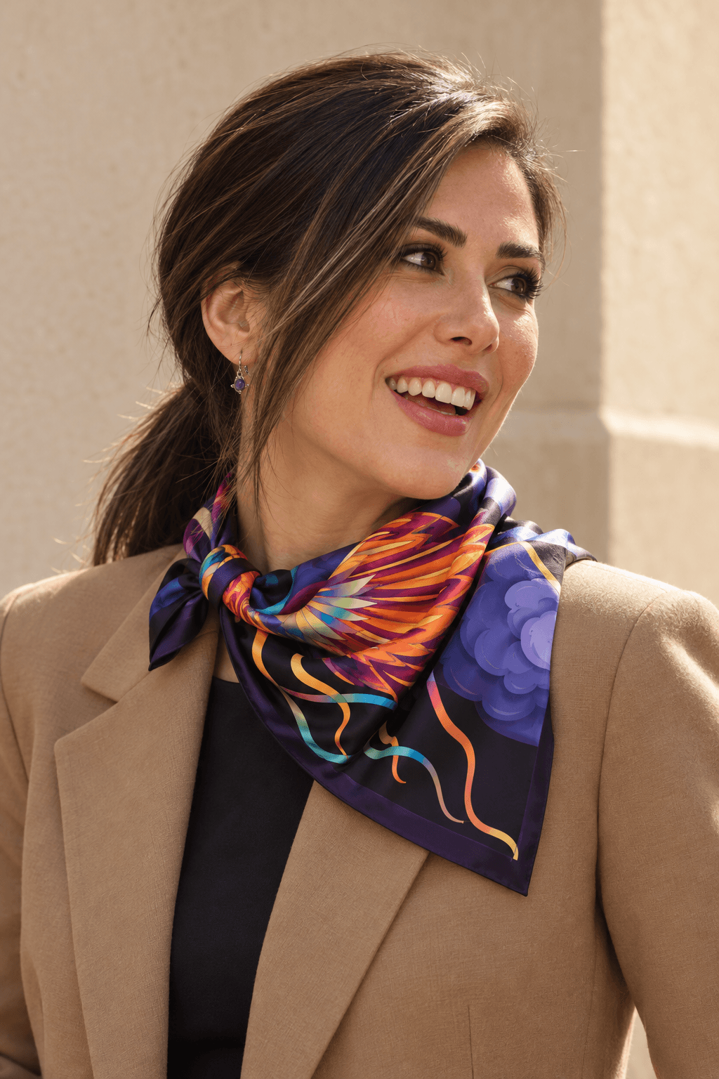 AI styling portrait of Elnaz wearing the fire-03 scarf design