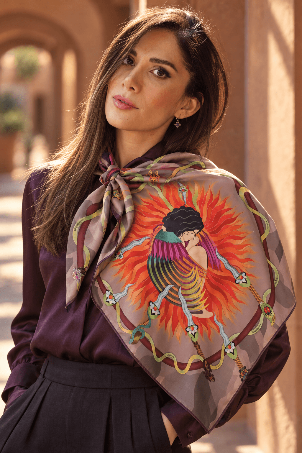 AI styling portrait of Elnaz wearing the fire-04 scarf design
