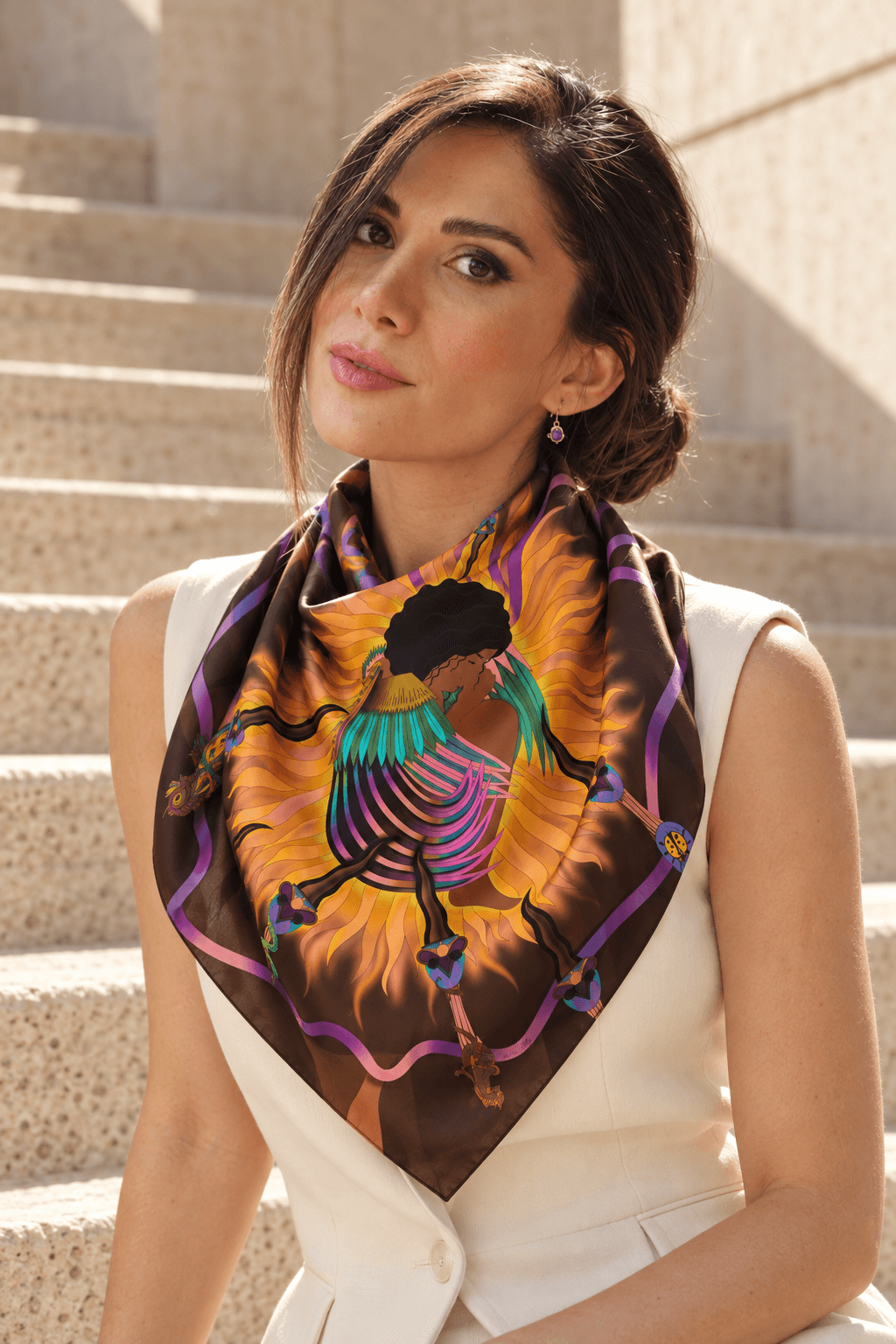 AI styling portrait of Elnaz wearing the fire-05 scarf design