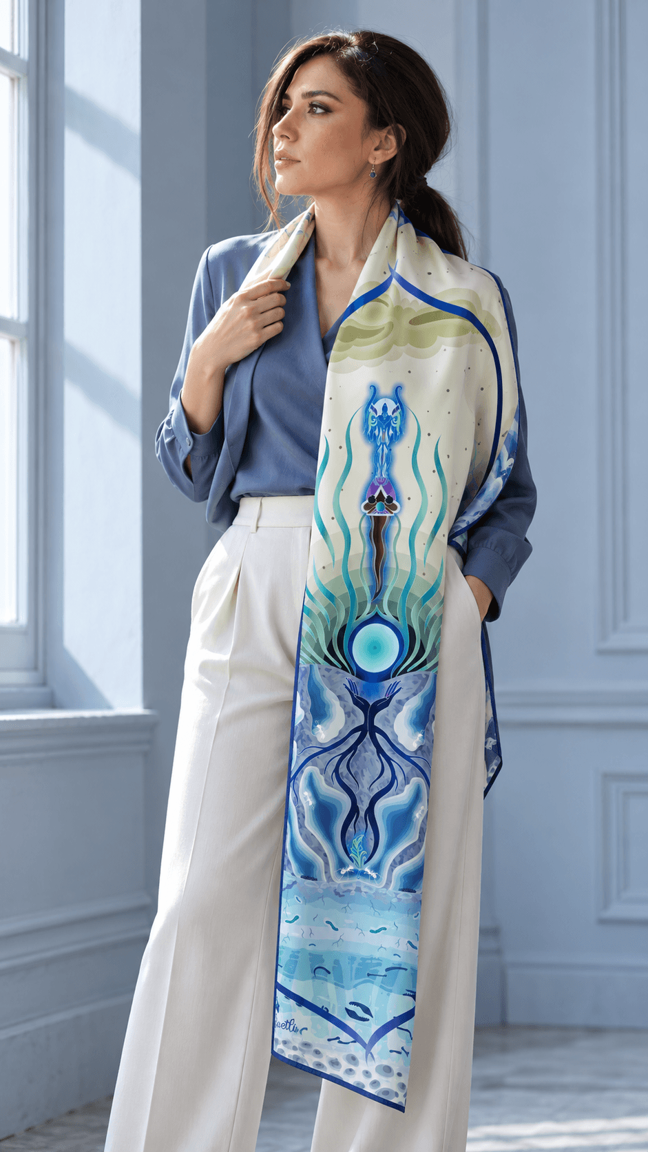 AI styling portrait of Elnaz wearing the fire-07 scarf design