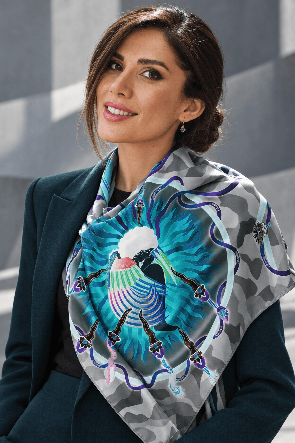AI styling portrait of Elnaz wearing the fire-09 scarf design