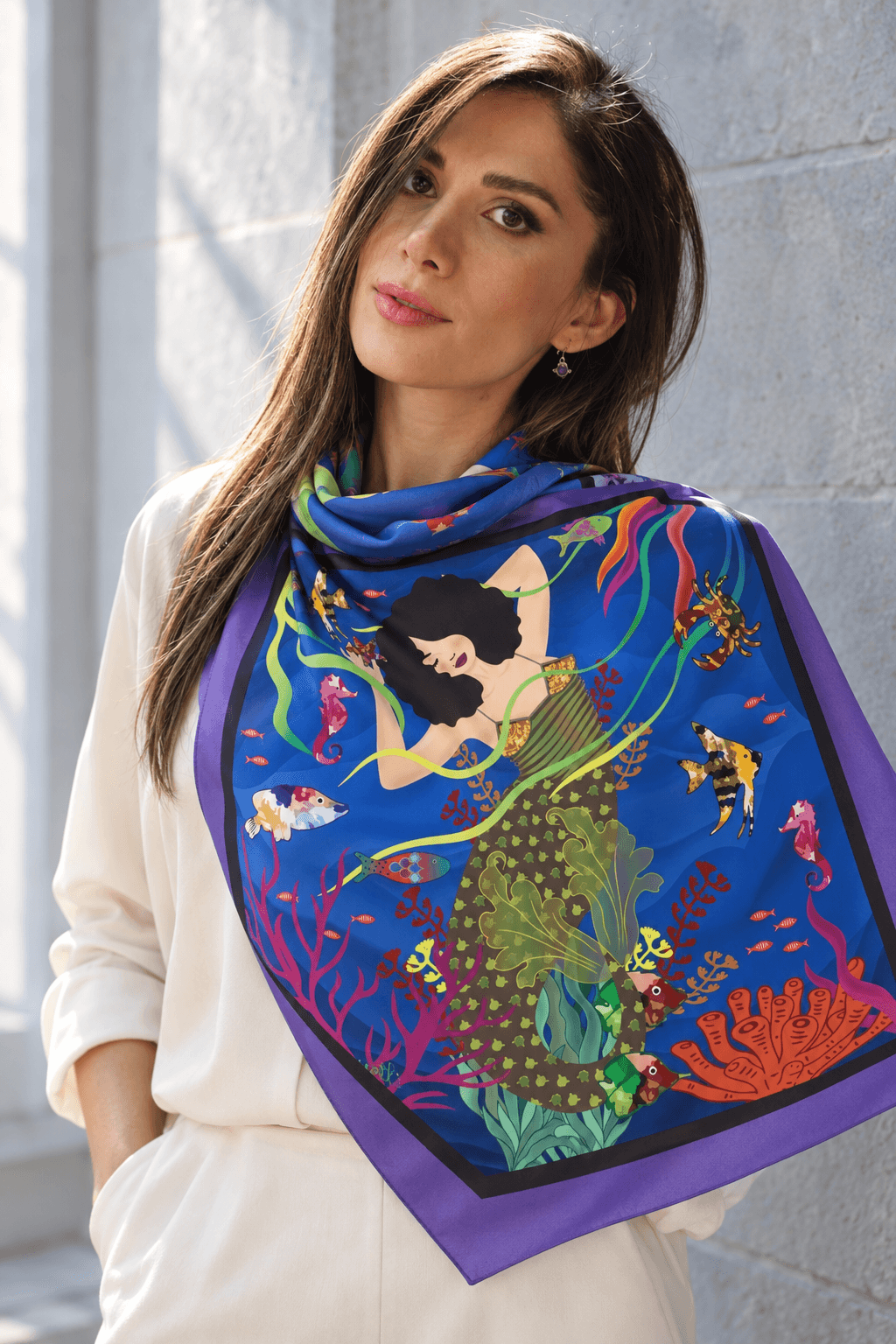 AI styling portrait of Elnaz wearing the water-01 scarf design