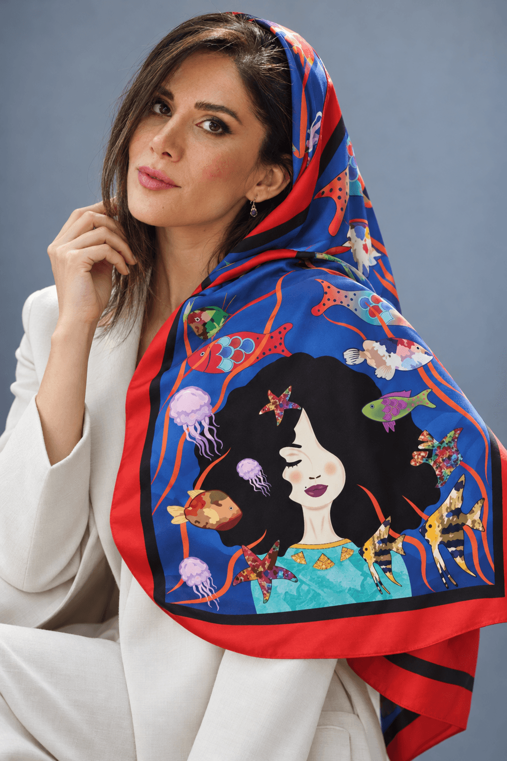 AI styling portrait of Elnaz wearing the water-05 scarf design