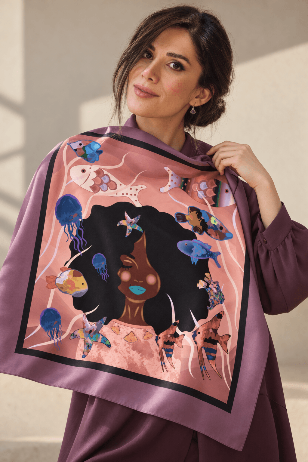 AI styling portrait of Elnaz wearing the water-06 scarf design