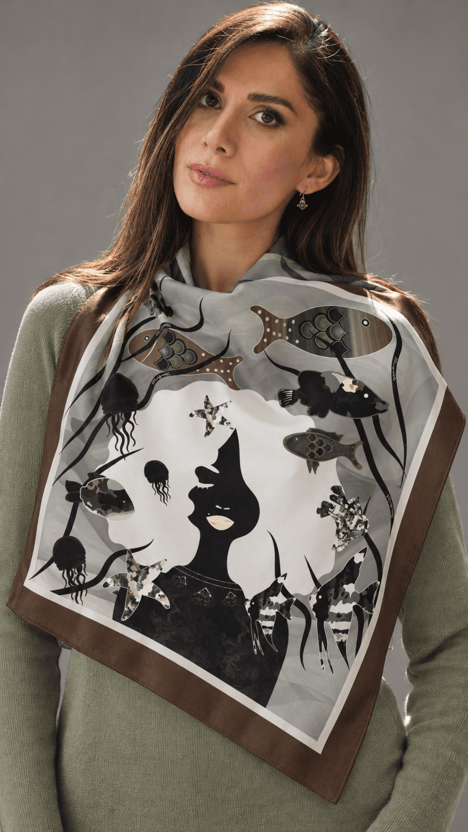 AI styling portrait of Elnaz wearing the water-08 scarf design
