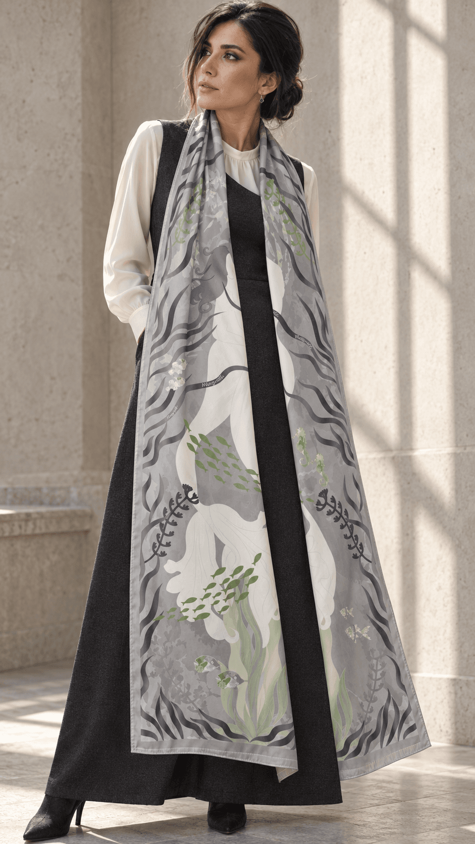 AI styling portrait of Elnaz wearing the water-10 scarf design