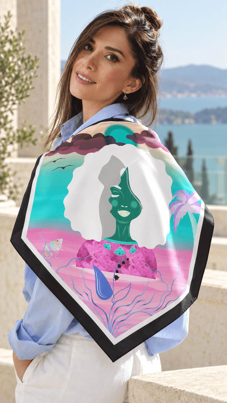 AI styling portrait of Elnaz wearing the water-13 scarf design