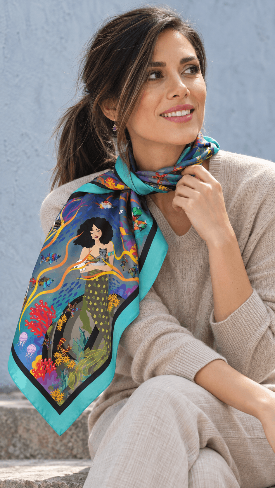 AI styling portrait of Elnaz wearing the water-19 scarf design