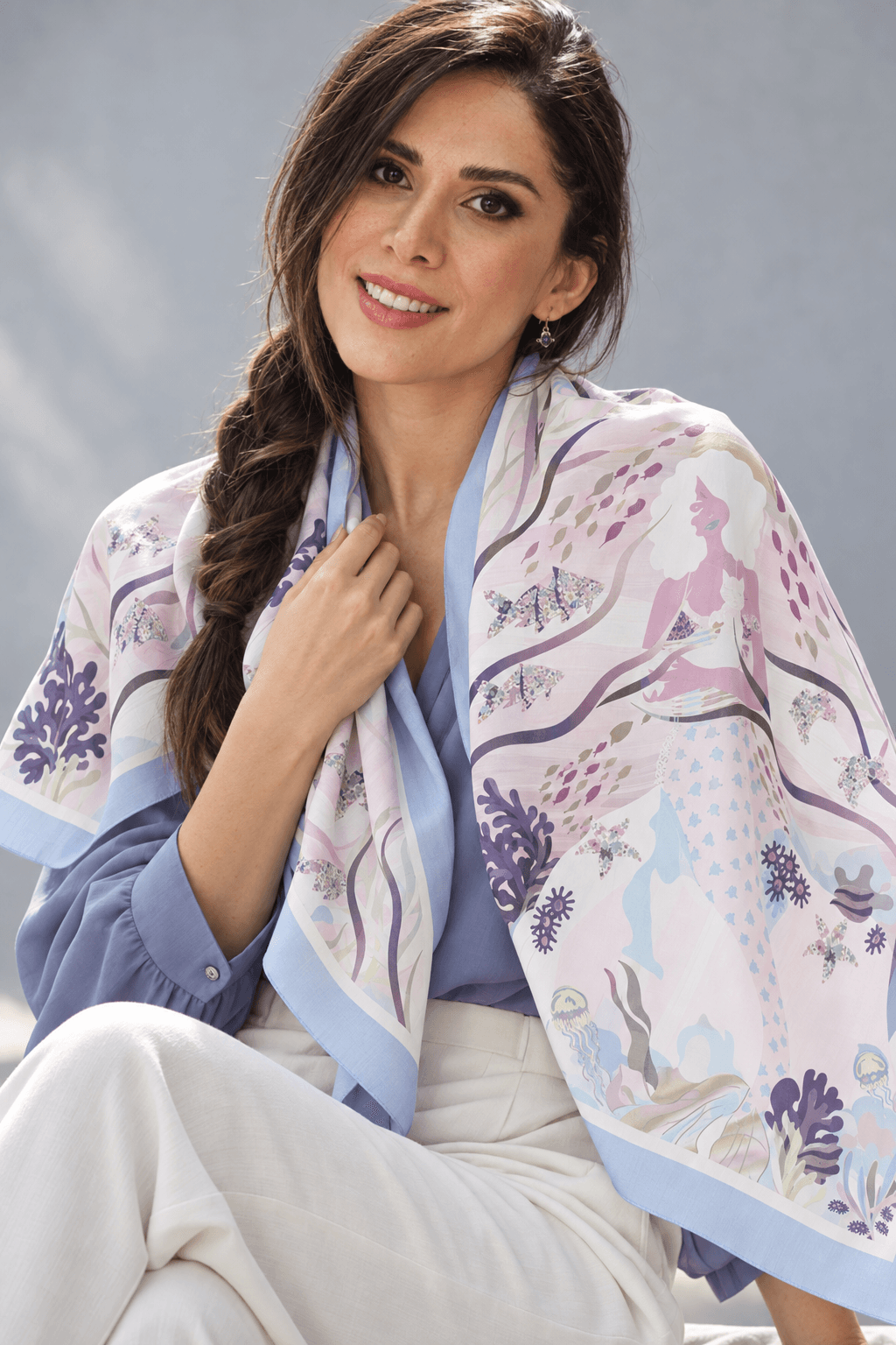 AI styling portrait of Elnaz wearing the water-23 scarf design