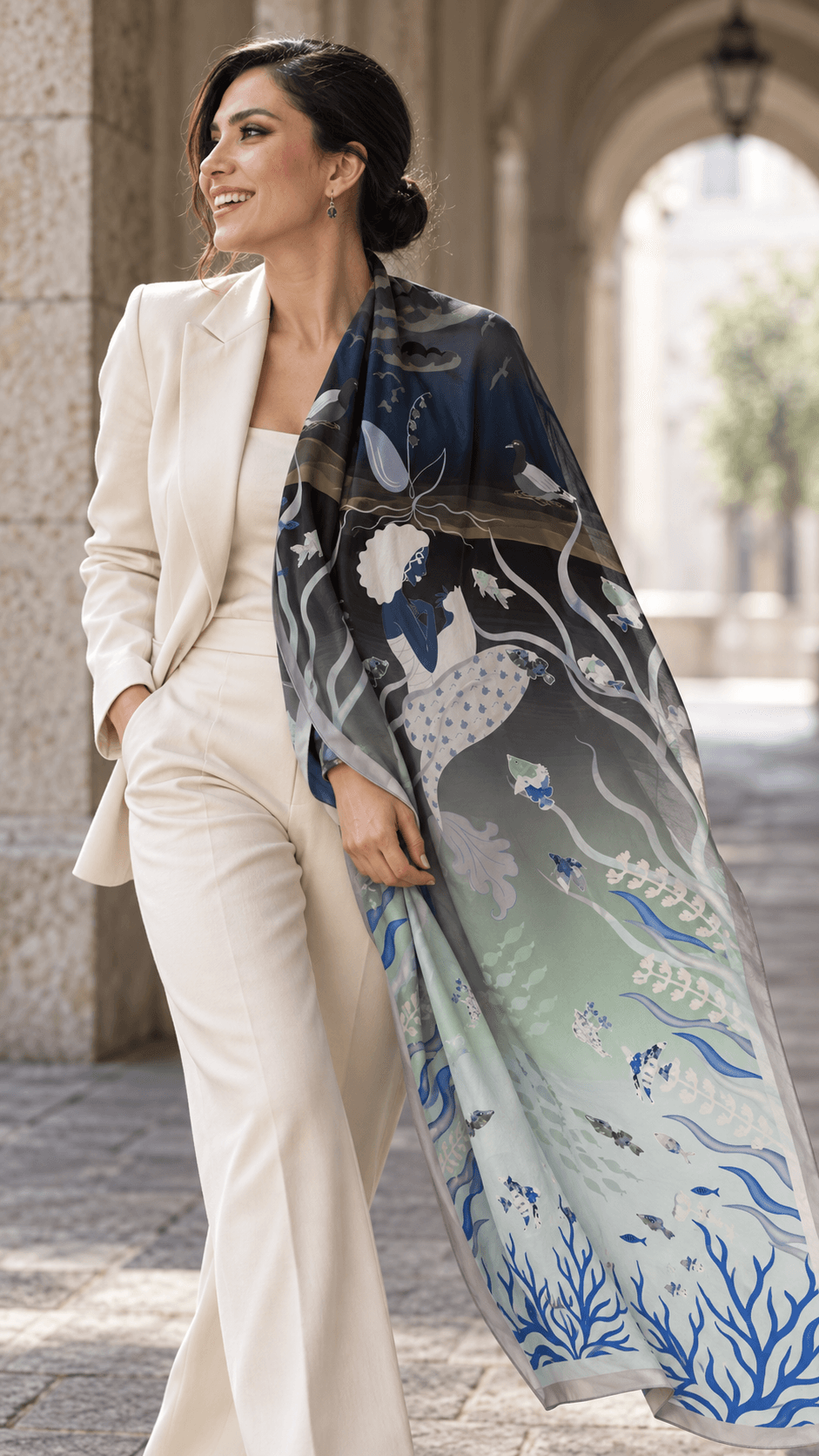 AI styling portrait of Elnaz wearing the water-24 scarf design