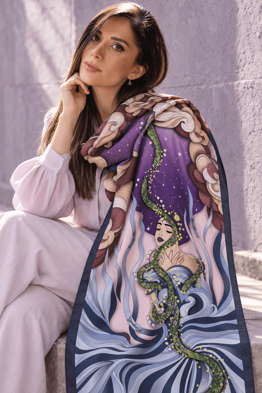 AI styling portrait of Elnaz wearing the wind-03 scarf design