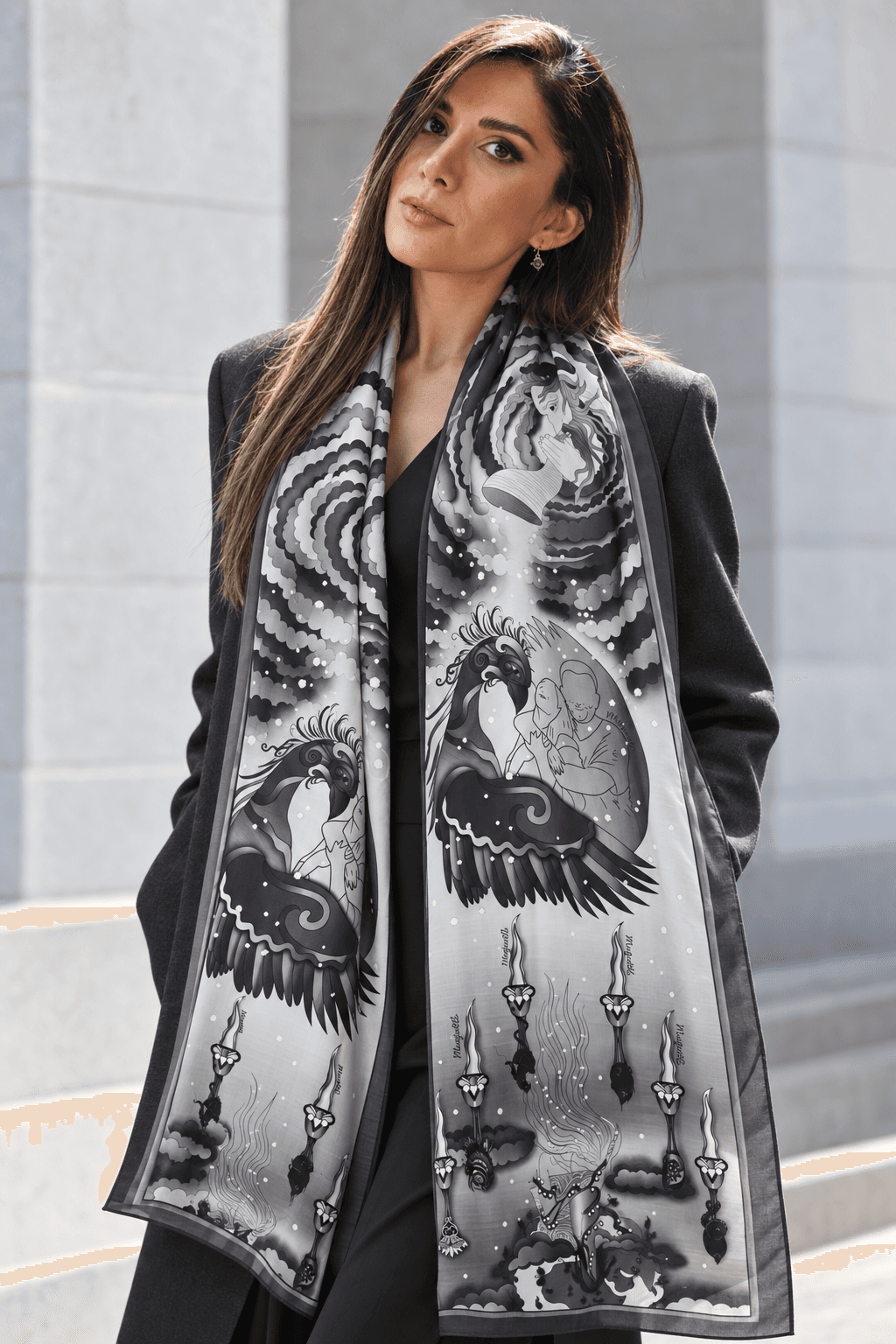 AI styling portrait of Elnaz wearing the wind-05 scarf design