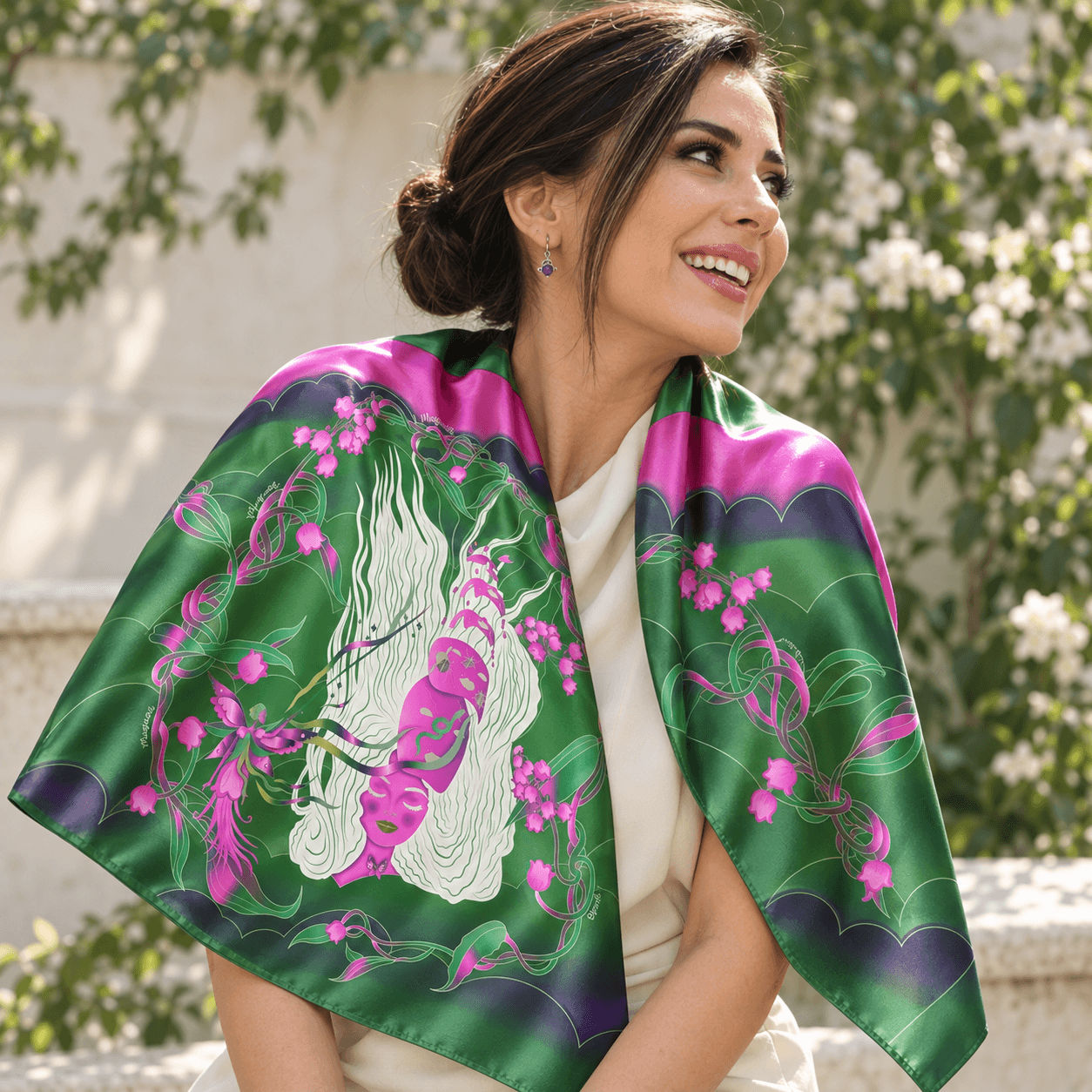 AI styling portrait of Elnaz wearing the wind-13 scarf design