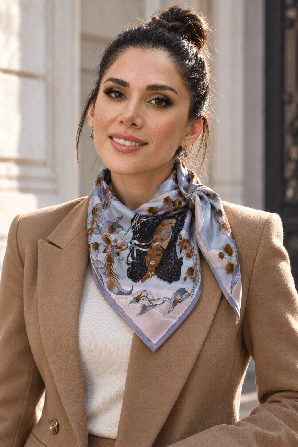 AI styling portrait of Elnaz wearing the wind-14 scarf design