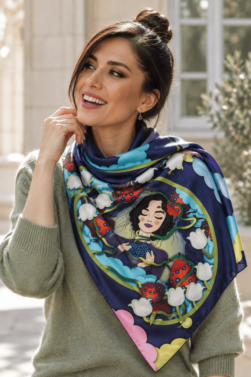 AI styling portrait of Elnaz wearing the wind-17 scarf design