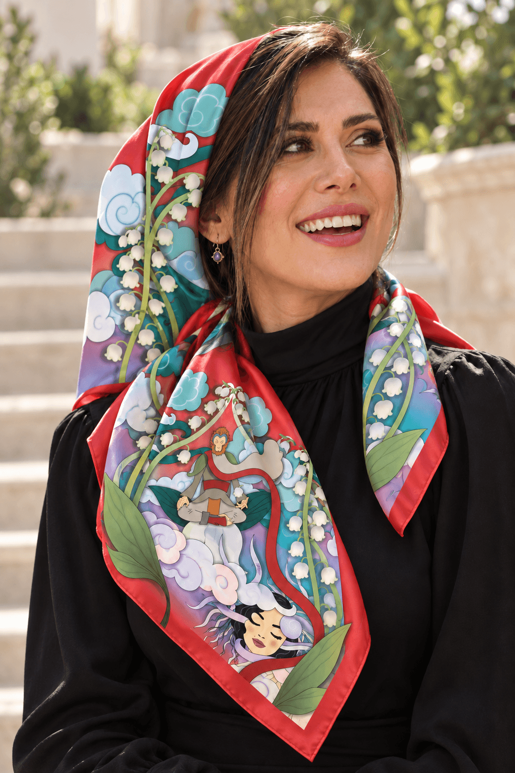 AI styling portrait of Elnaz wearing the wind-19 scarf design