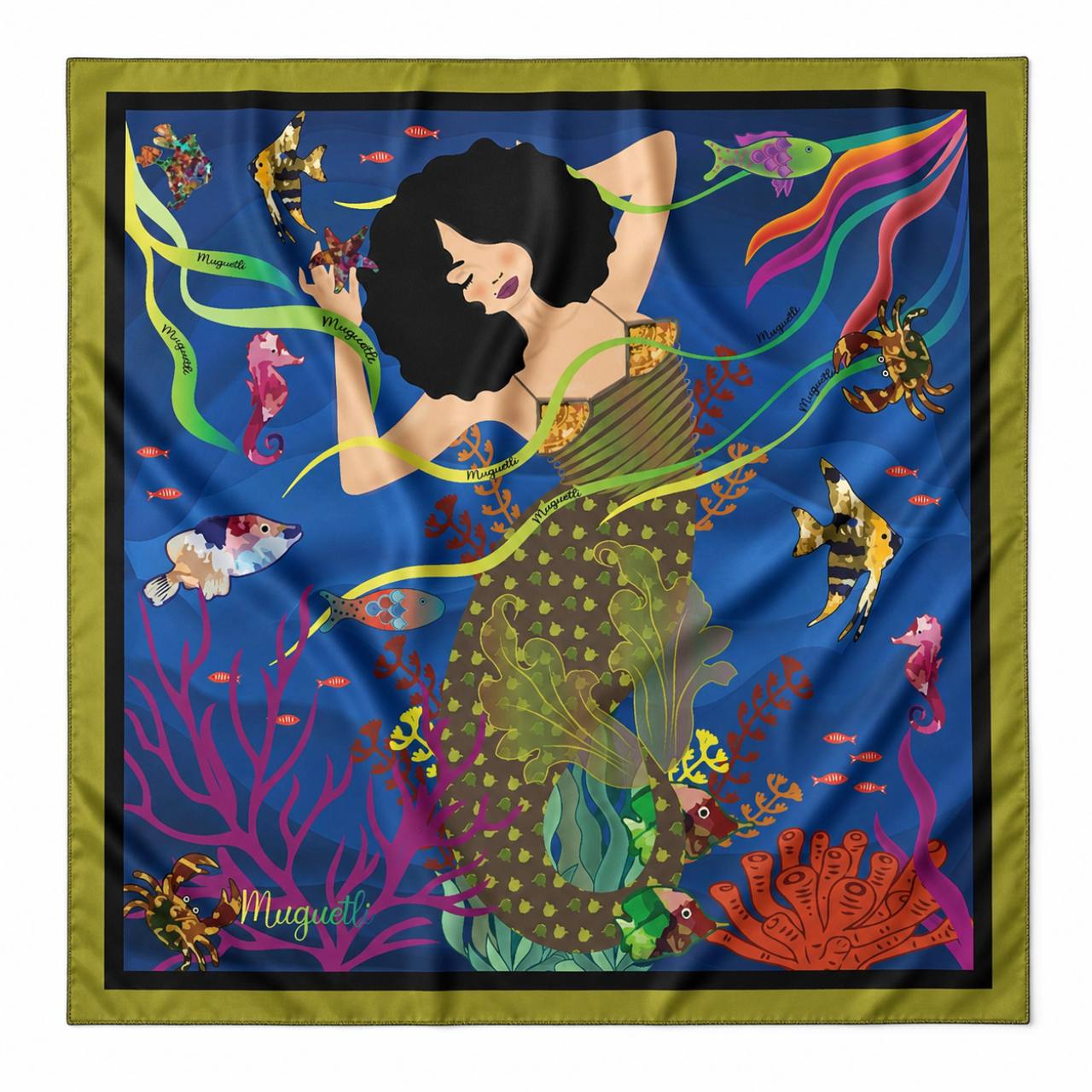 A figure in motion, flowing ribbons and sea life. An olive edge holds the colour together.
